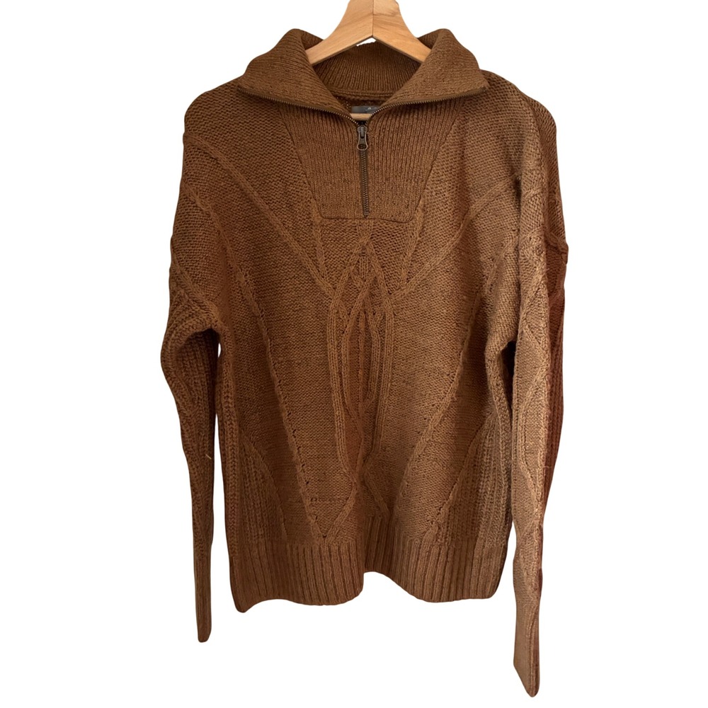 Fisherman Core Cable knit Sweater Unisex Size M Sand Brown Zipper Collared